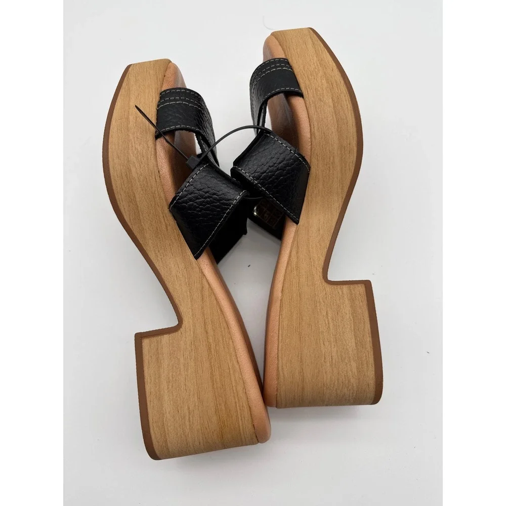 Cordani Black Pebbled Leather Wood Platform Block Heel Slide Sandals Size 38